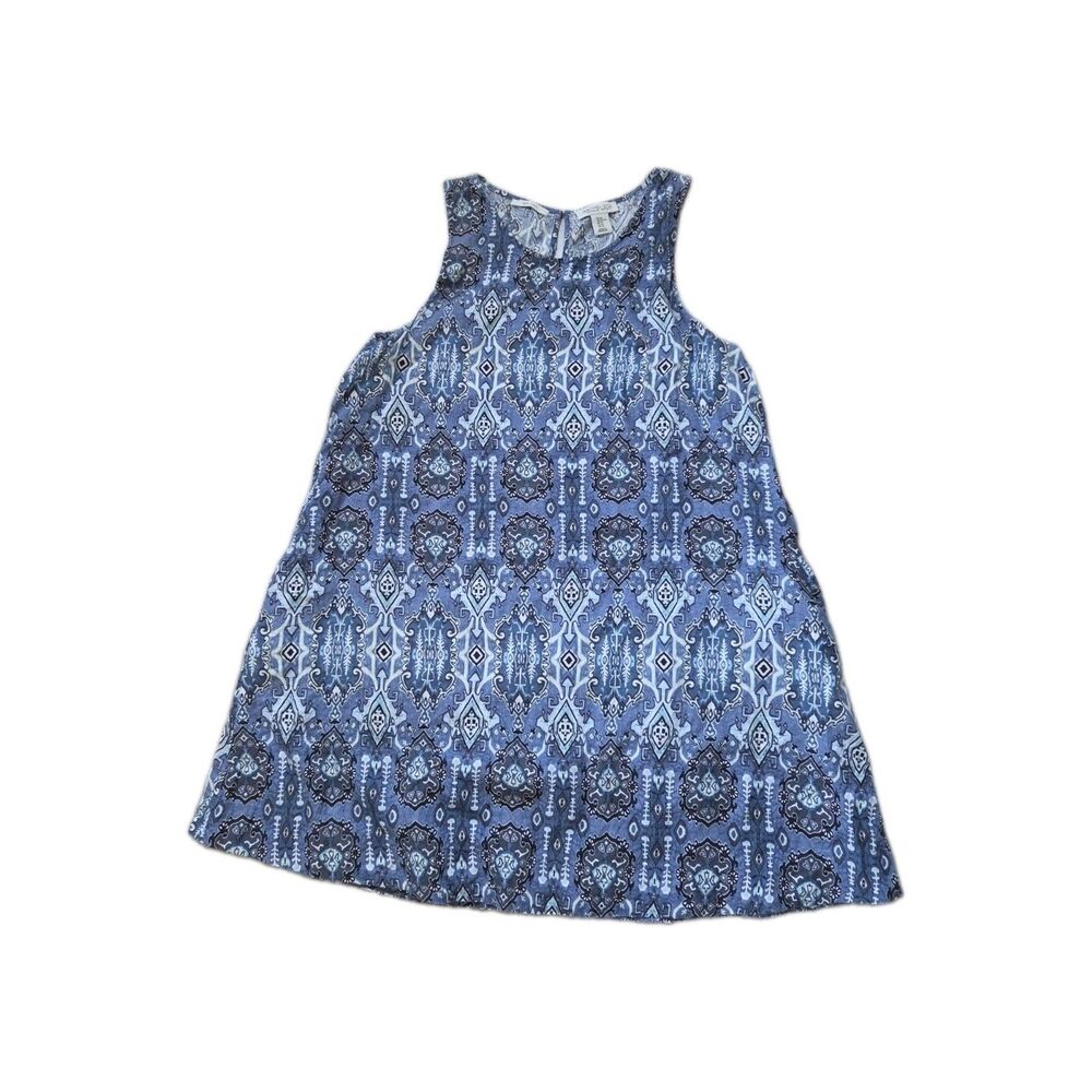 Rachel Zoe Blue Boho Print 100% Linen Sleeveless Shift Dress Women's XL EUC